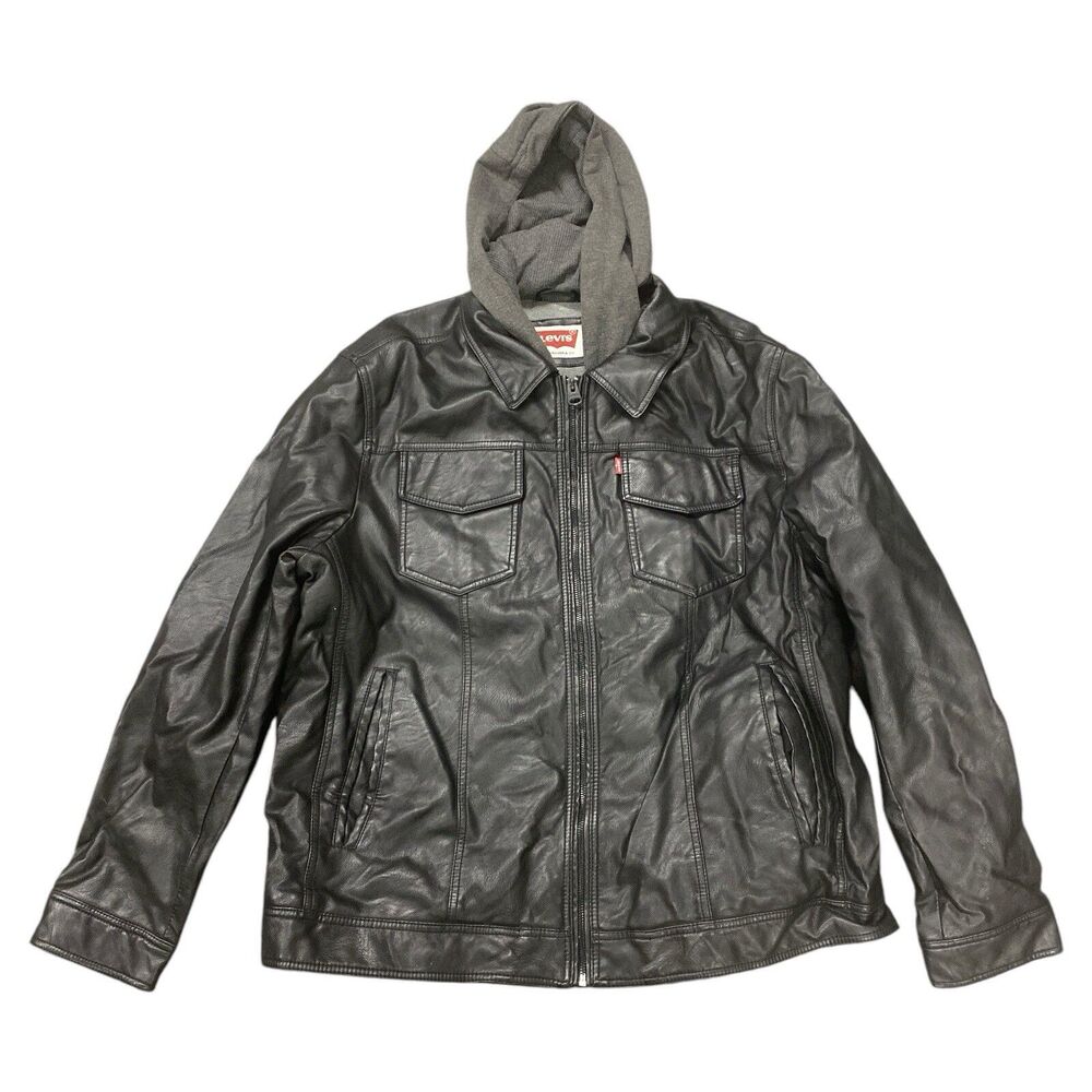Levi’s Faux Leather Bomber Jacket Mens XXL Double Zip Hood  Lined Black
